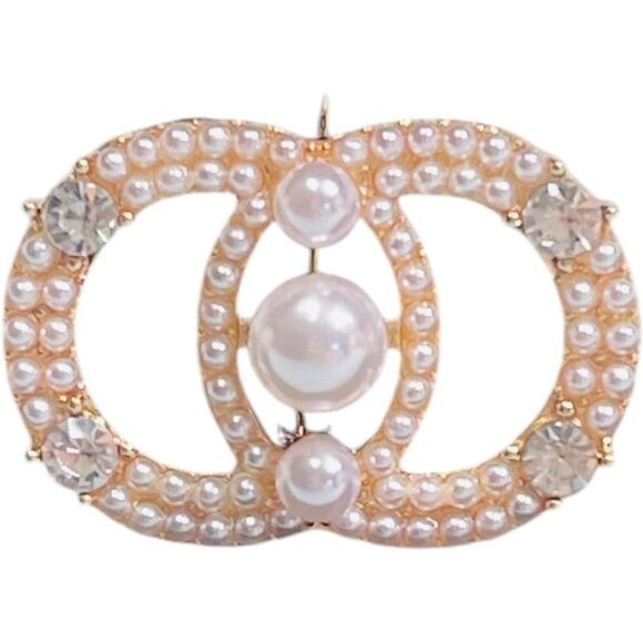 NEW Faux Pearl & Crystal Gold Plated CC Double Circle Brooch - Picture 3 of 6